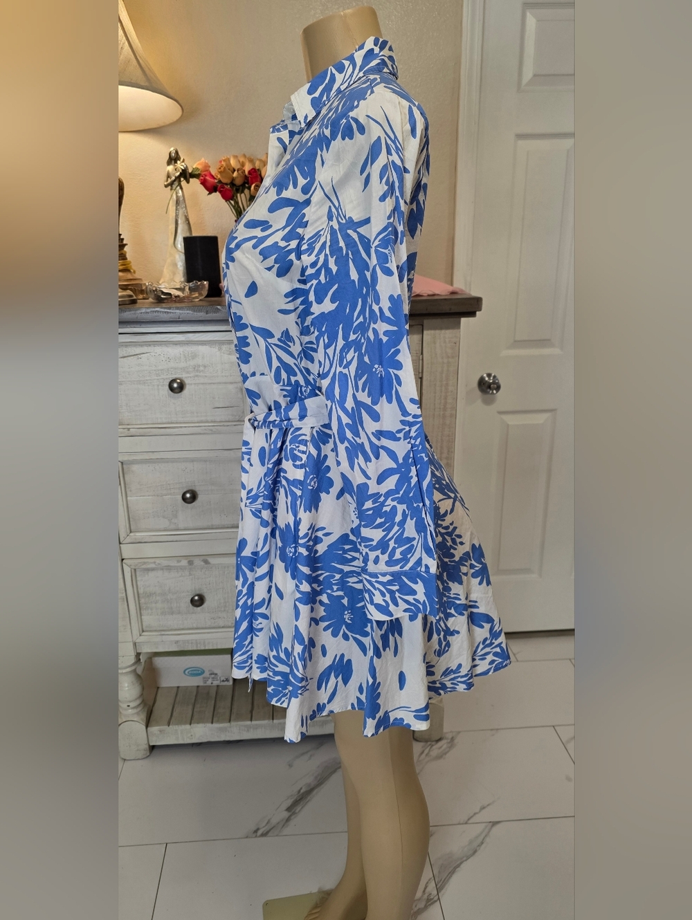 a new day Blue and White Floral Shirt Dress with Tie Waist - Picture 5 of 11